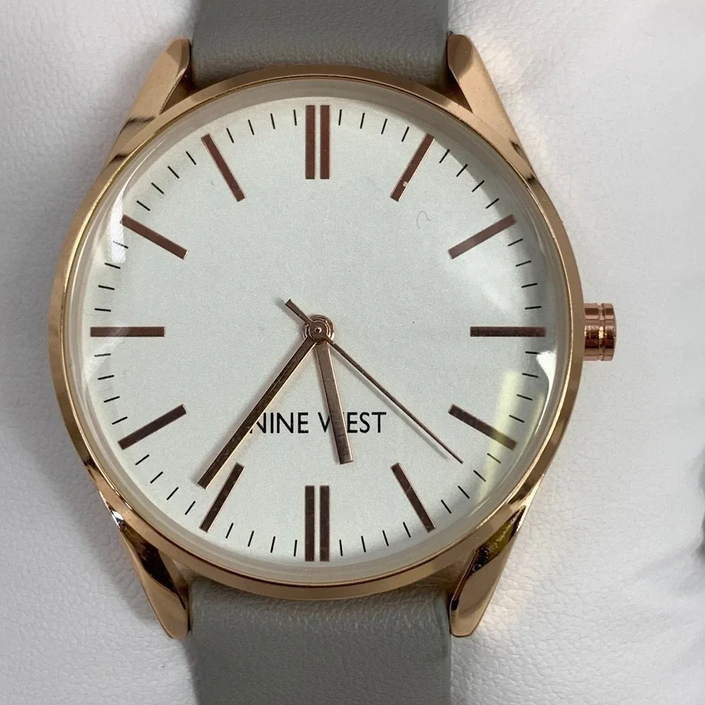 Nine West Women's Watch, Gold Case, White Face,‎ Gray Band, Analog Timepiece